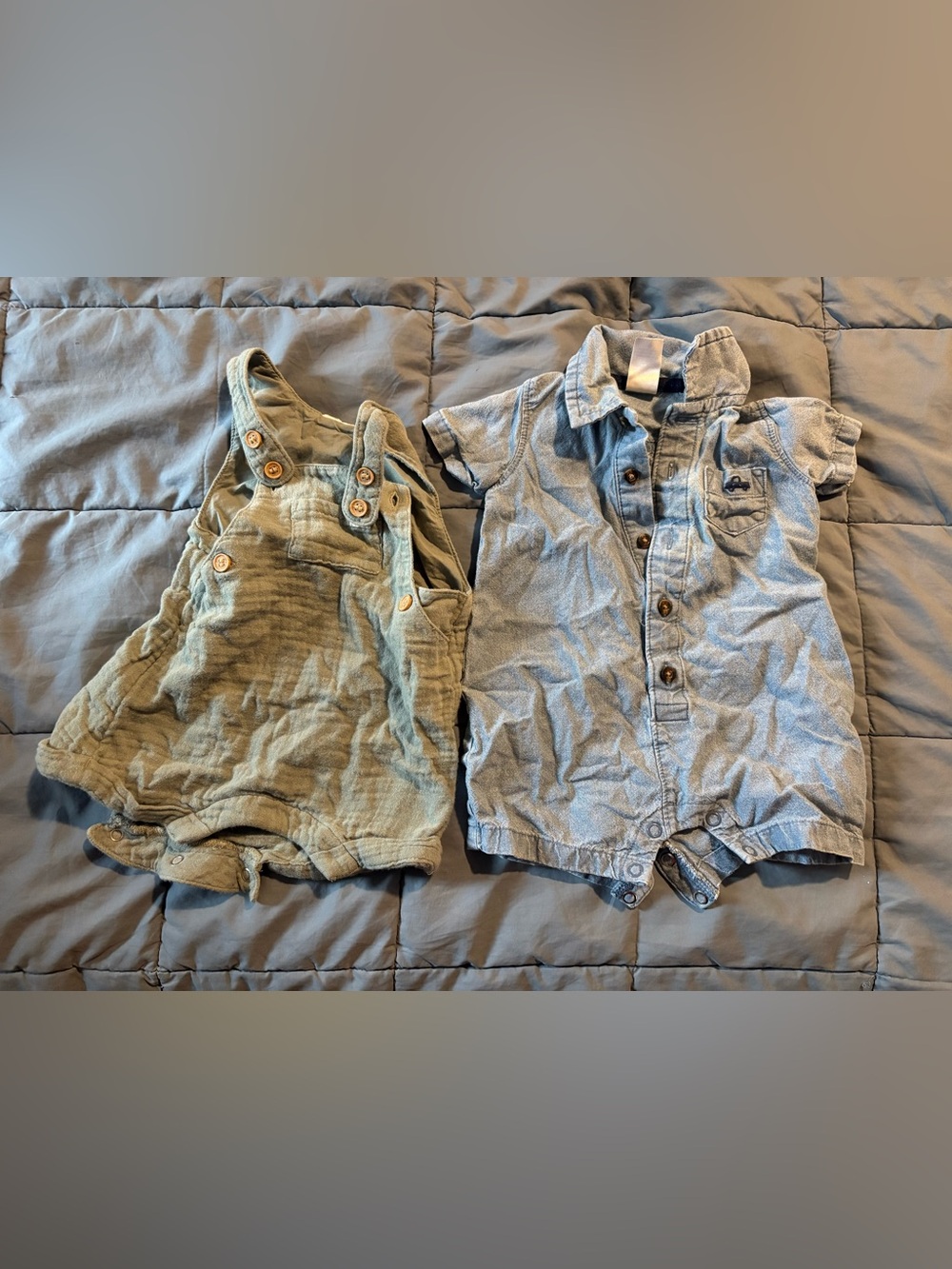 3-6m blue jean romper and green overalls